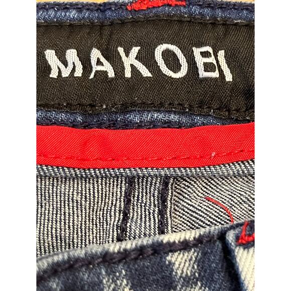 Makobi Men’s 32x32 Blue Cape Biker Jeans Paint Splash Dark Wash Denim M1783 - Picture 4 of 11